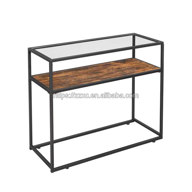 Entryway Metal and Wooden Console Table With Glass Top