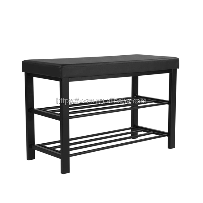 Multi-Function PU Cushioned Metal Entryway Bench With Shoe Rack