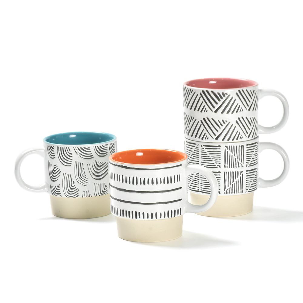 Colorful 4 set stoneware ceramic coffee cup with iron frame