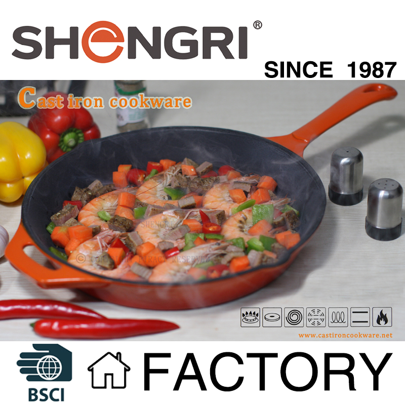 Cast iron enameled frying pan