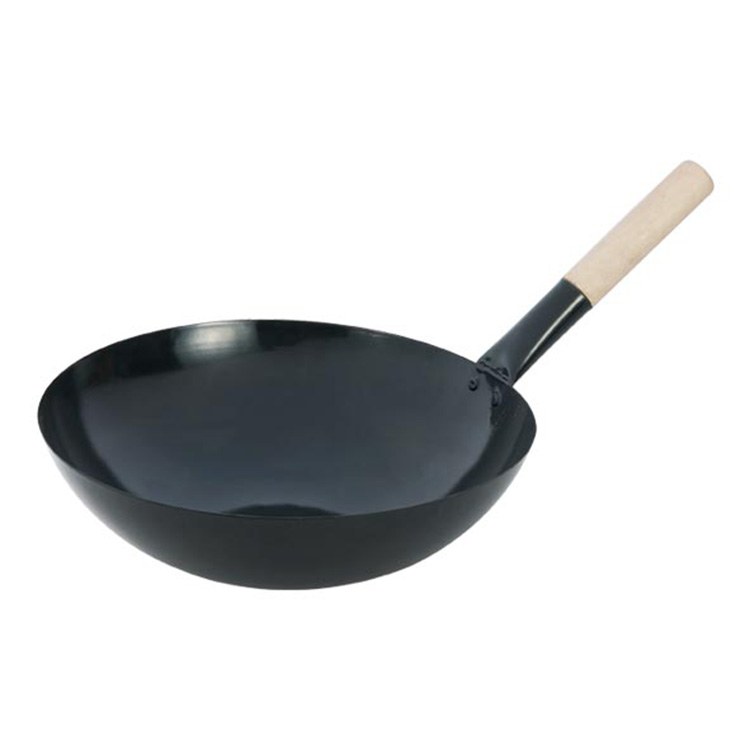 Enamel Iron Wok W/Wooden Handle-Round Base With Ear