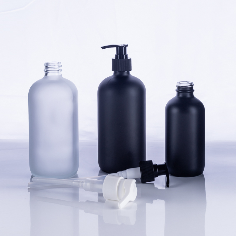Yongshine Glass 250ml 500ml frosted matte black glass boston round bottle with pump
