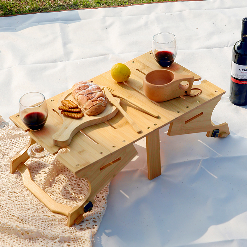 Foldable Wood Picnic Table with Wine Glass Holder Portable Bamboo Picnic Basket Table For Outdoor