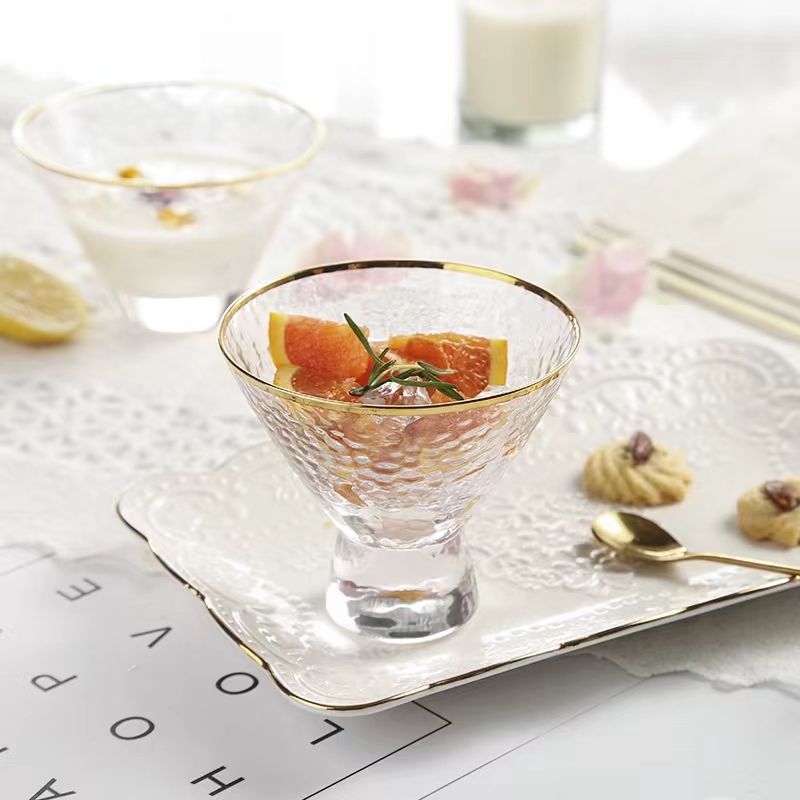 Gold edged hammered grain glass bowl