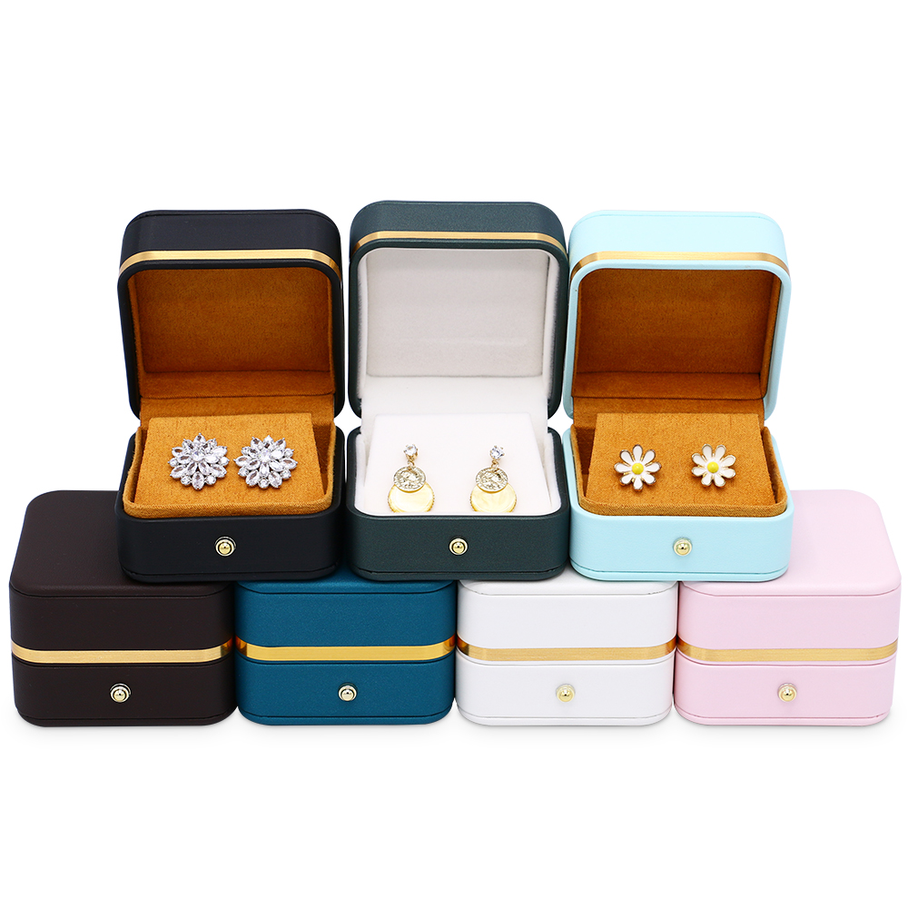 Wholesale custom plastic wrapped with brown PU leather jewelry case for ring earrings packing box