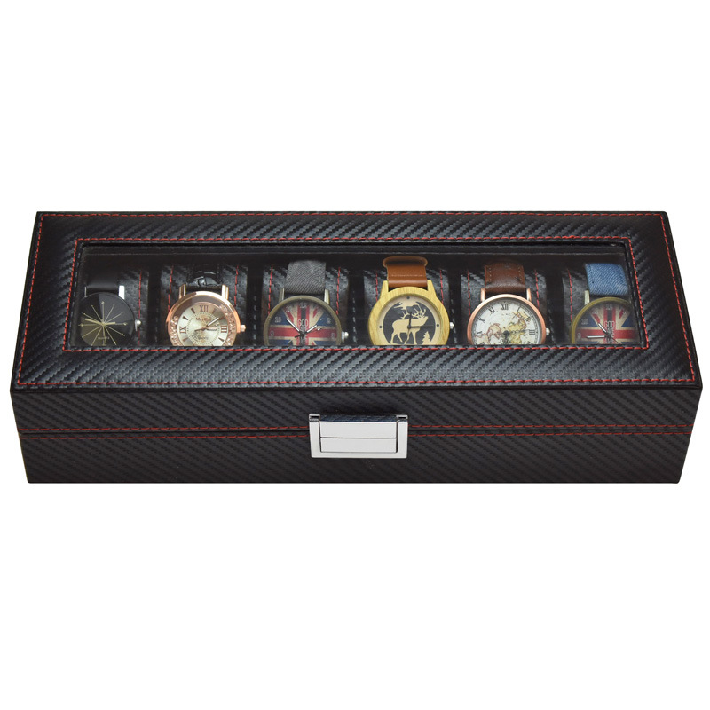 Hot spot full carbon fiber PU leather ch box 6 slots watch storage box display watch organizer box