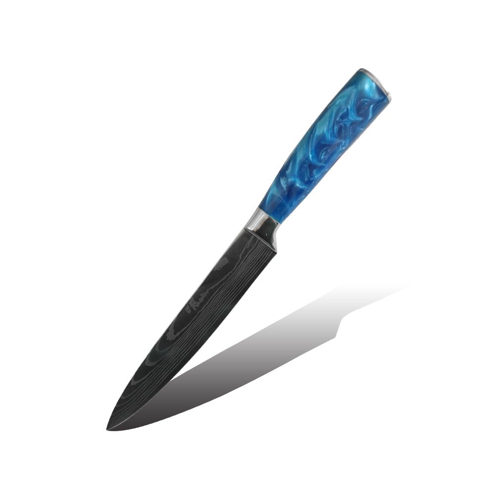 Hip-home carving knife Damascus pattern kitchen knife with blue resin handle