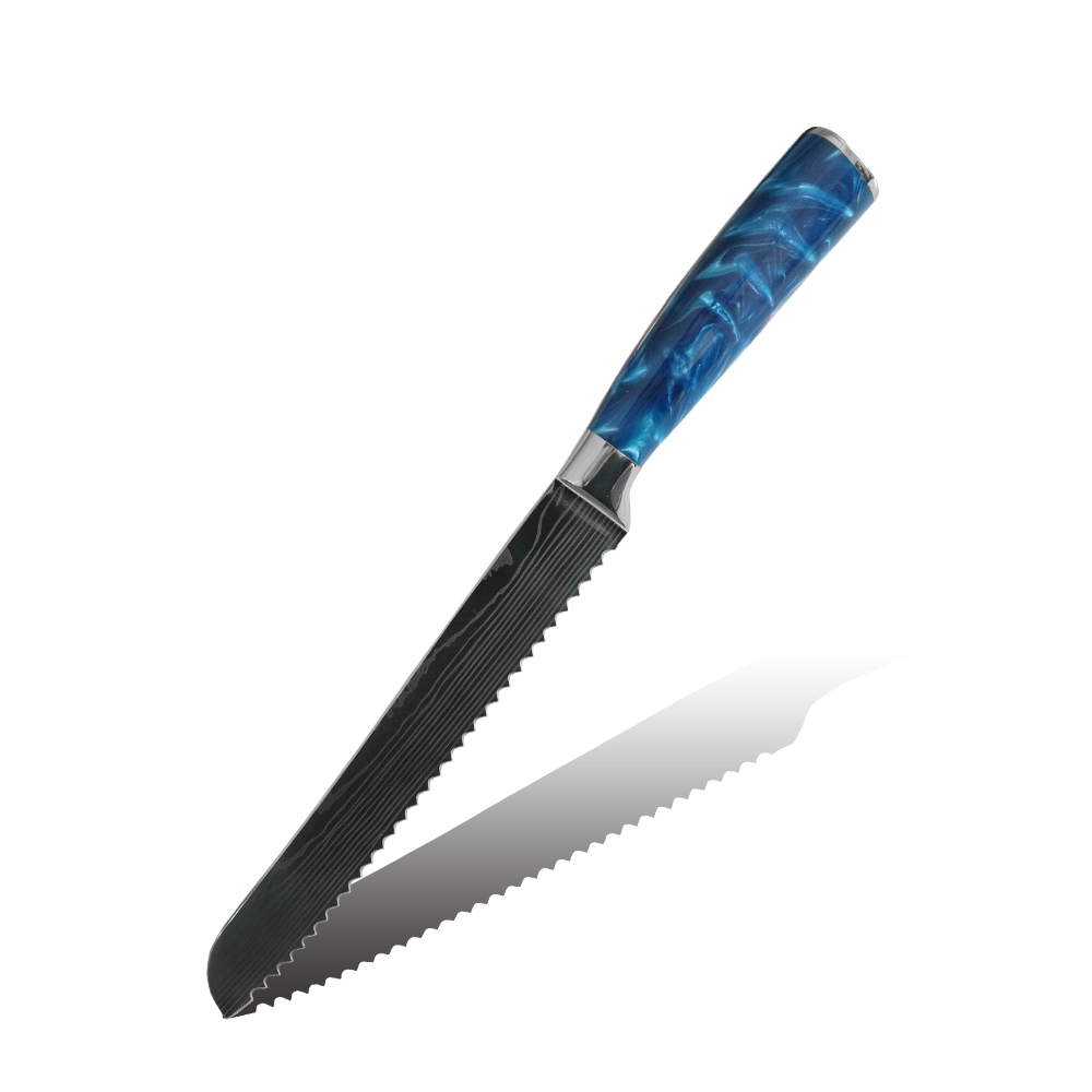 Hip-home bread knife Damascus pattern kitchen knife blue resin handle