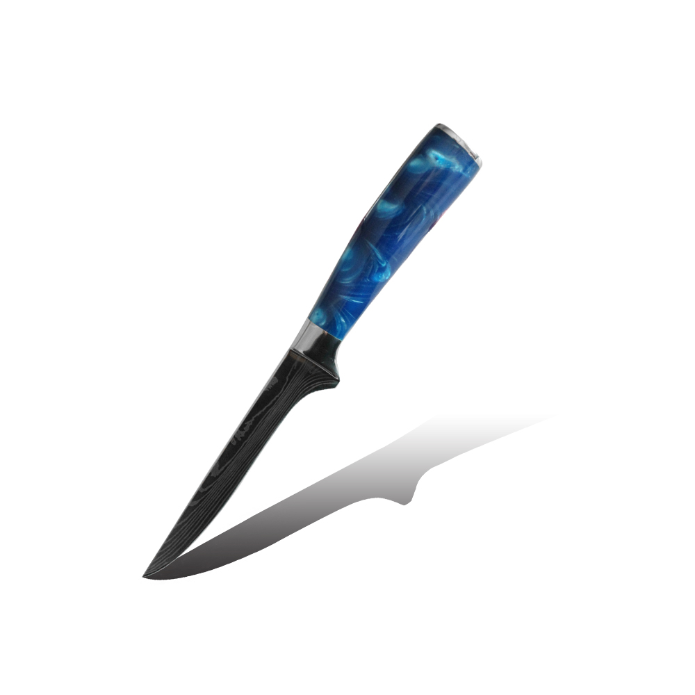 Hip-home boning knife Damascus pattern kitchen knife with blue resin handle