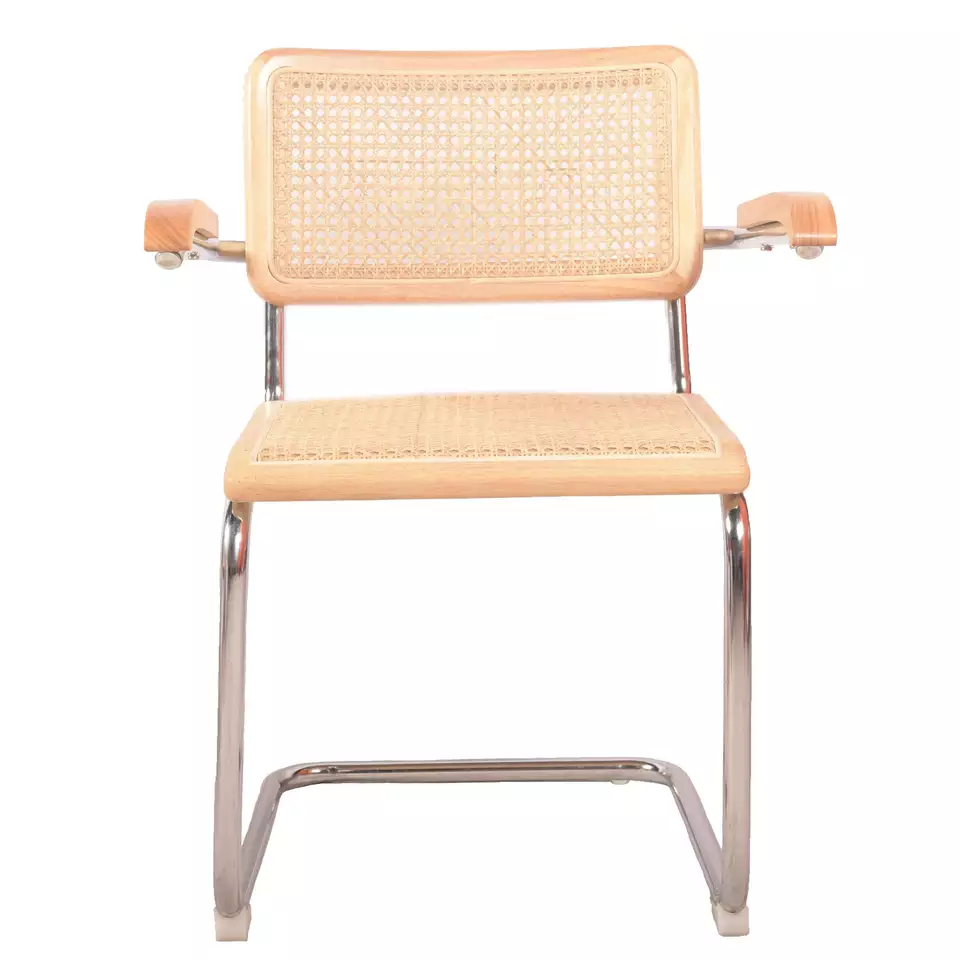 Mid Century Design Natural Rattan Wood Armchair Chrome Dining Chair Cantilever Chair