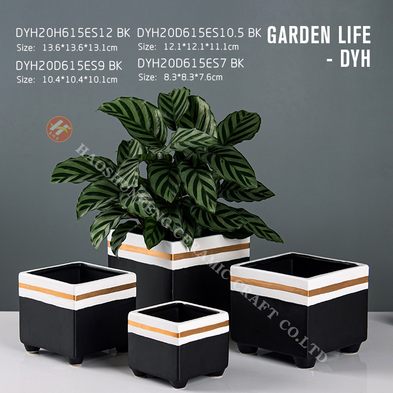 Elegant simple fashion gardening Christmas black and gold thread ceramic dolomite flower pot, vase