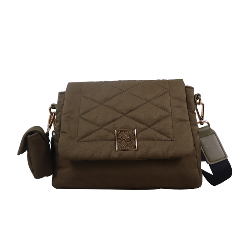 Quilting nylon crossbody in Khaki with black webbing strap and hanging purse