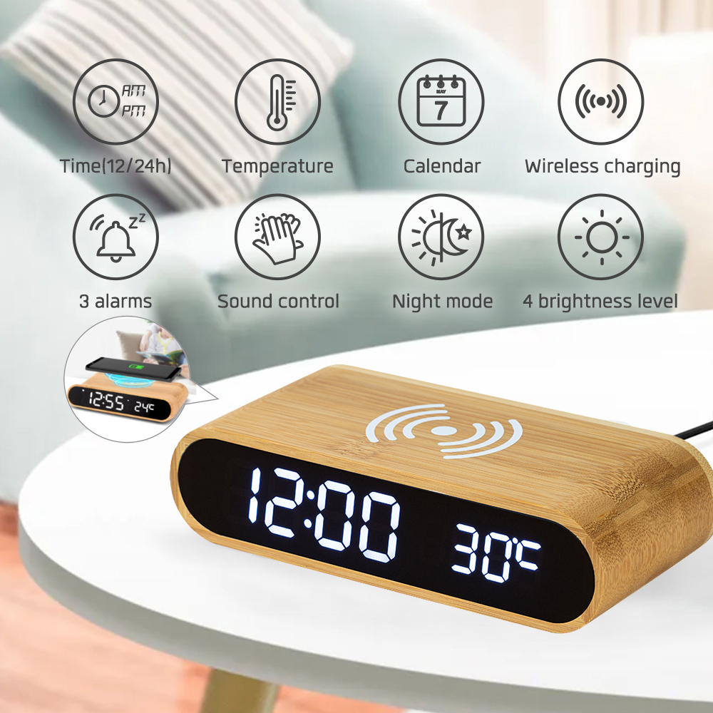 Hot-sale Eco-friendly Multifuctional Wireless Phone charger Bamboo LED Alarm Clock ET5035