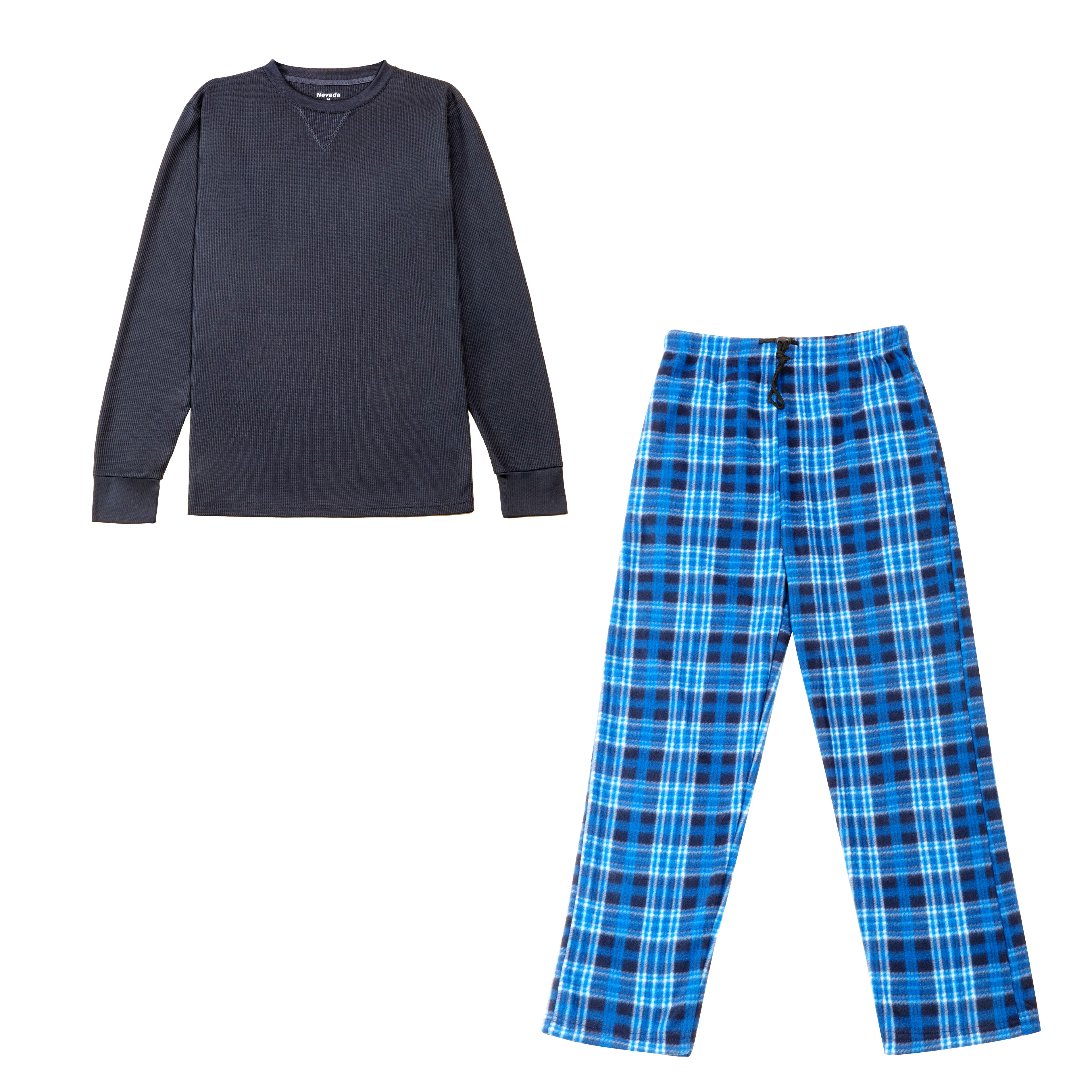 Pj set men's winter pajama sleepwear waffle knit thermal tops with printed pants 2 piece pyjama set