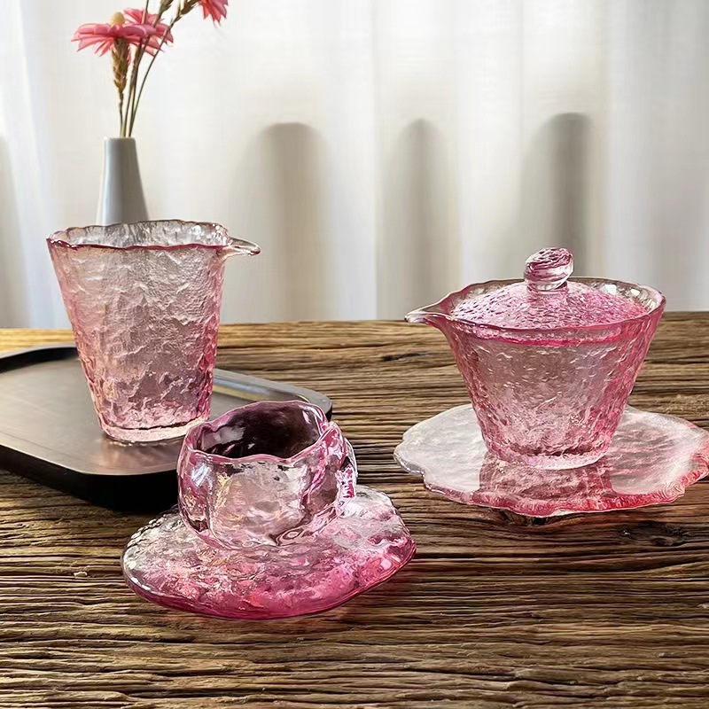 shanxi yuecheng gpink color mountain tea pot and water glass set