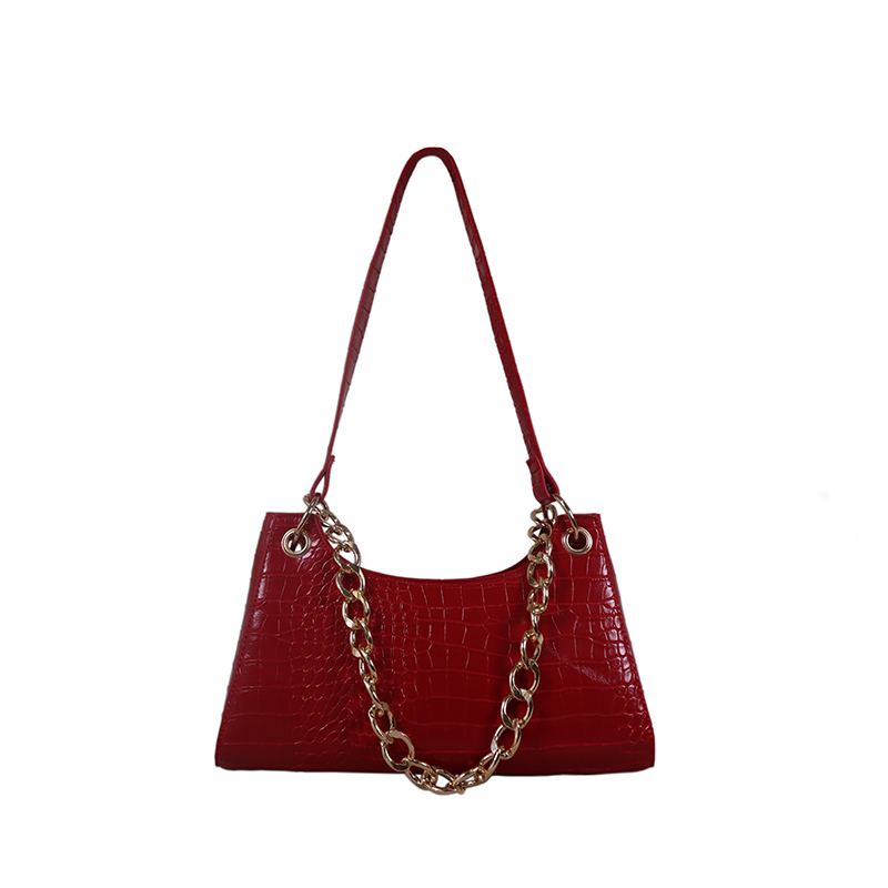Red croco baguette shoulder bag with chunky chain