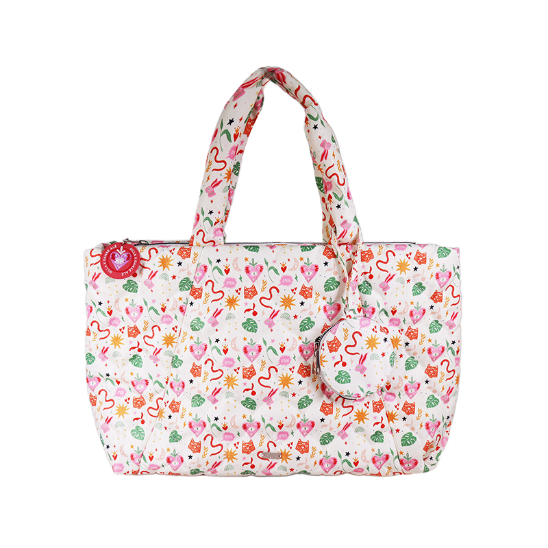Digital floral printing padded embroidery tote bag with hanging MINI coin purse
