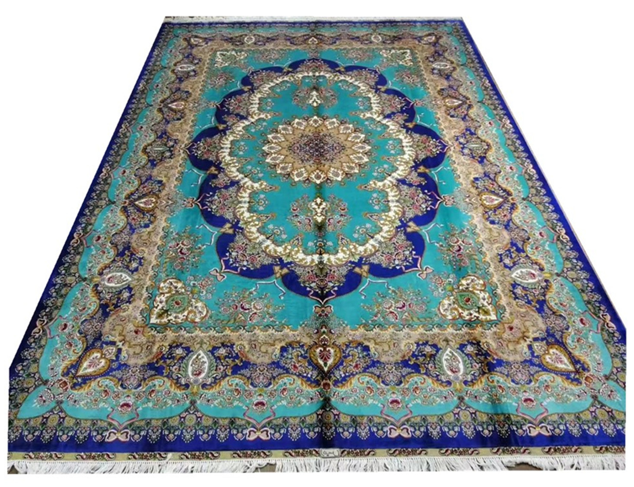 persian splendor 8x10ft blue color hand knooted silk persian art carpet for home use