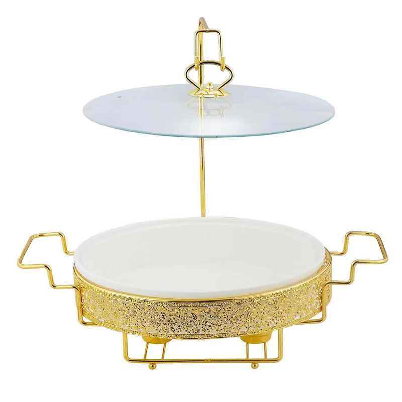 Porcelain Oval Food Warmer With Golden Iron Rack