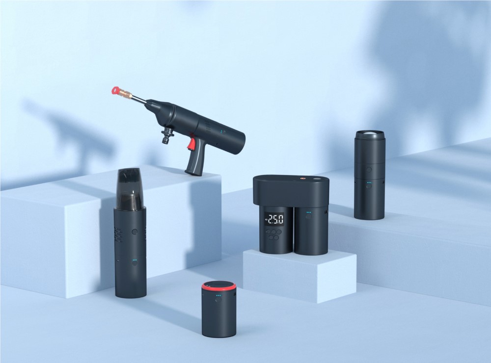 Car smart combination (car washer, air compressor, vaccum cleaner, flash light and power battery)