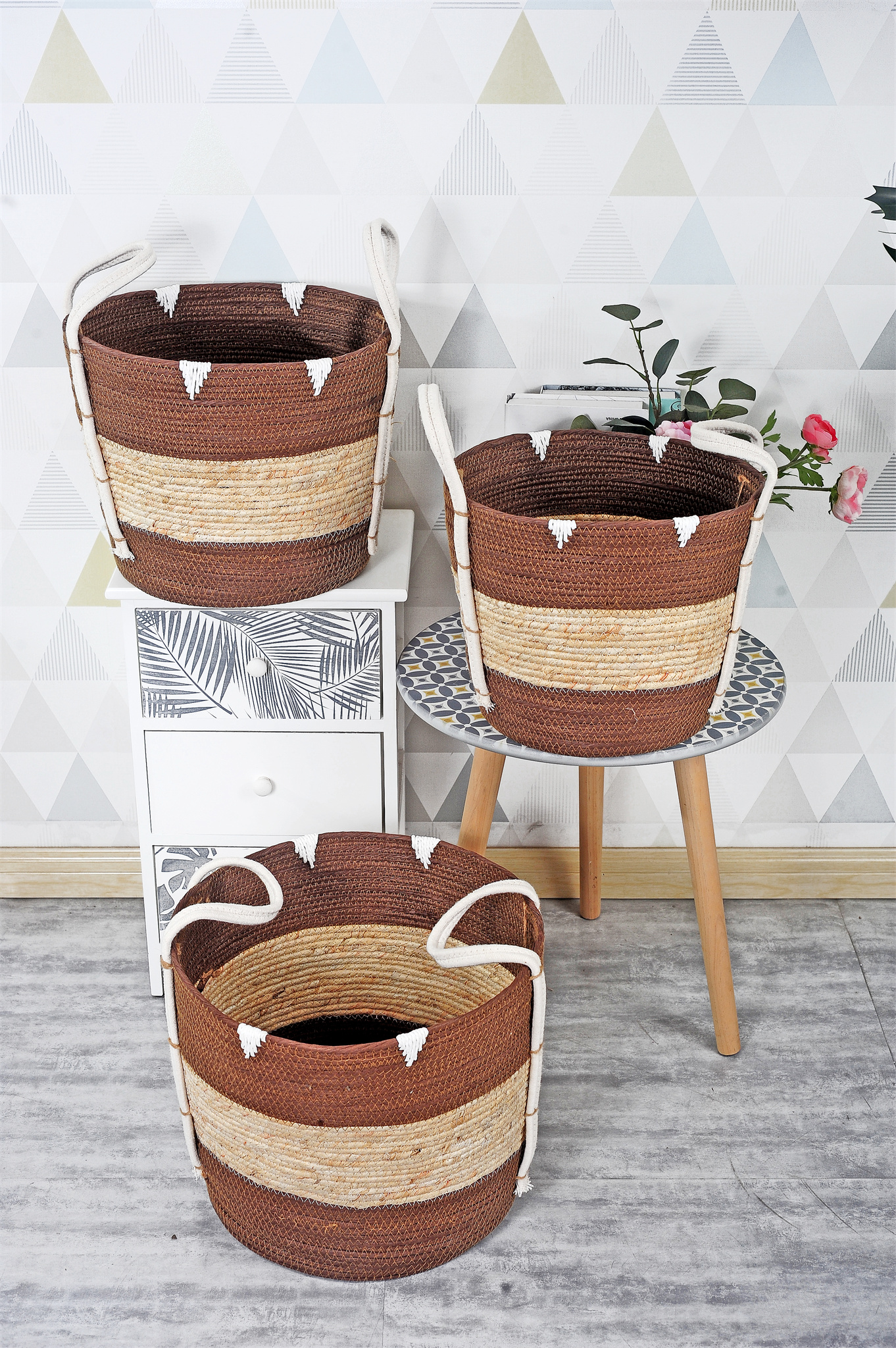 cotton rope and grass basket