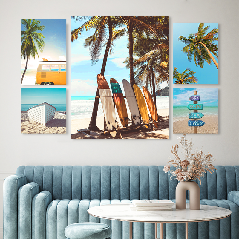 Beach Design set of 5 canvas wall art printing blue abstract design Perfect for online business