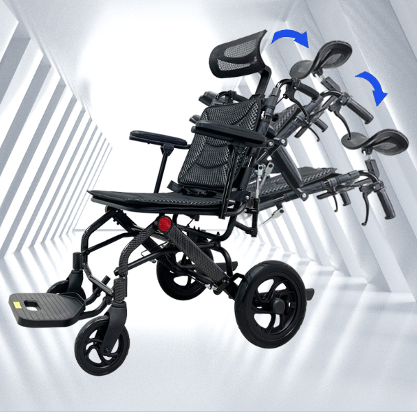 Reclining wheelchair, high backrest, light folding, comfortable