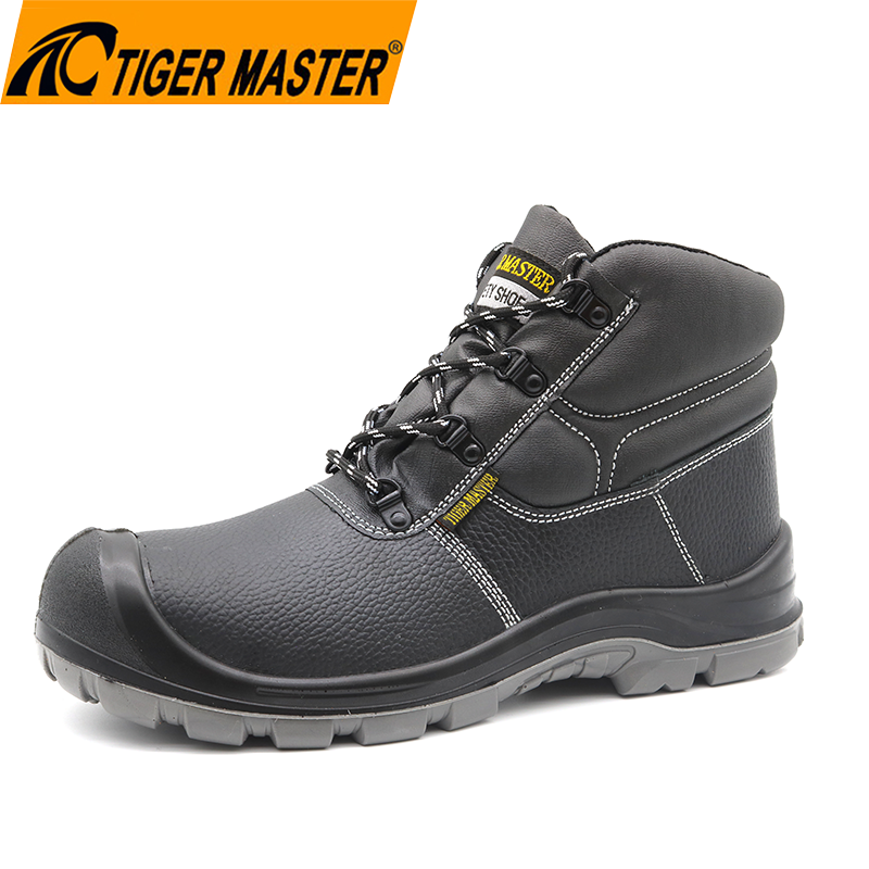Oil slip resistant pu sole black cow leather puncture proof men safety shoes with steel toe cap