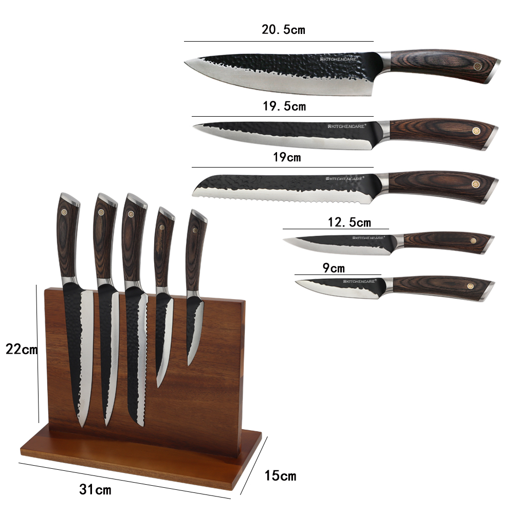 Hip-home stainless steel kitchen black hammer meat knife 6pcs knife block set