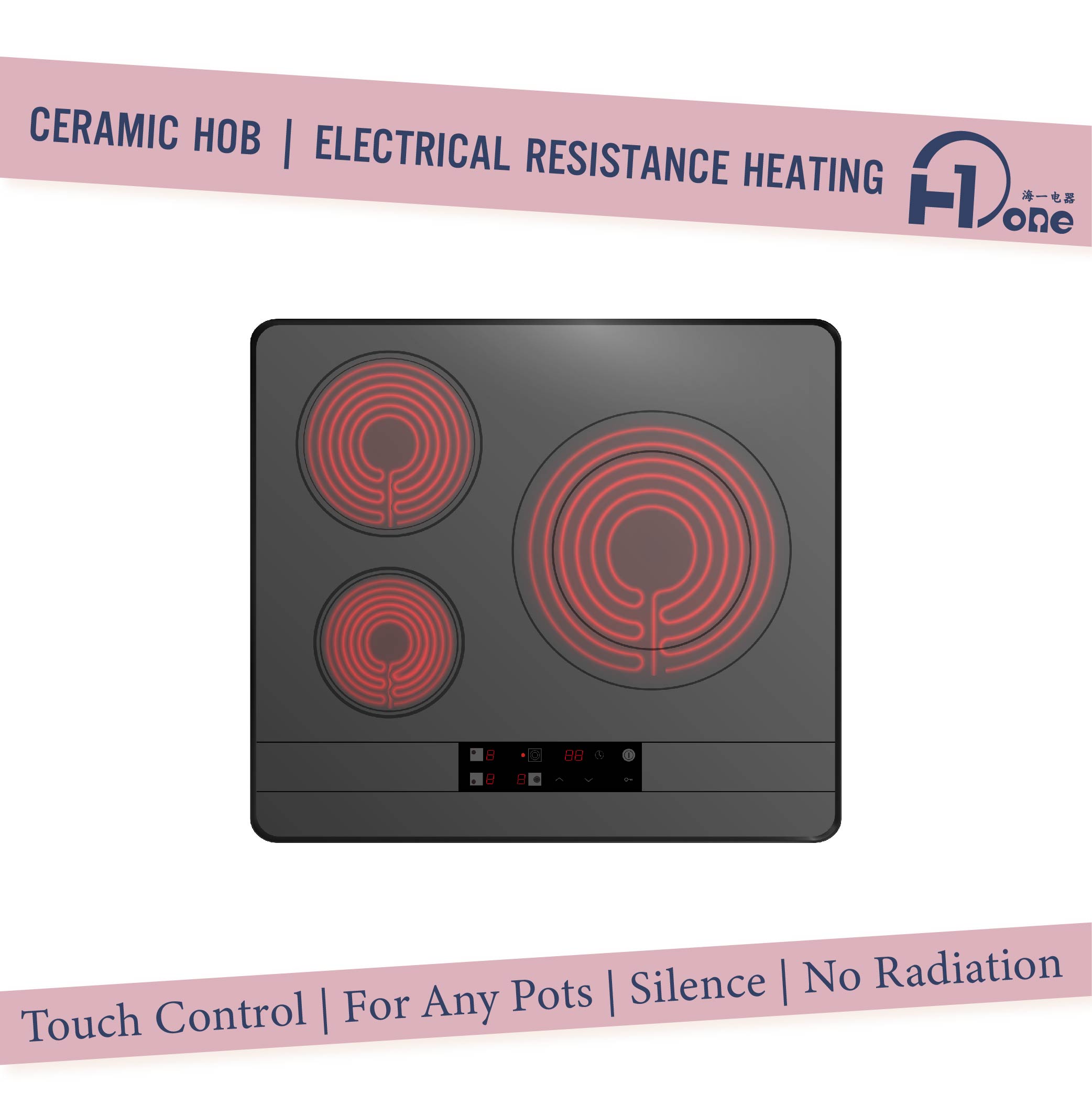 Built-in 60cm Ceramic Glass Radiant Cooktop with 3 Zones and Touch Control