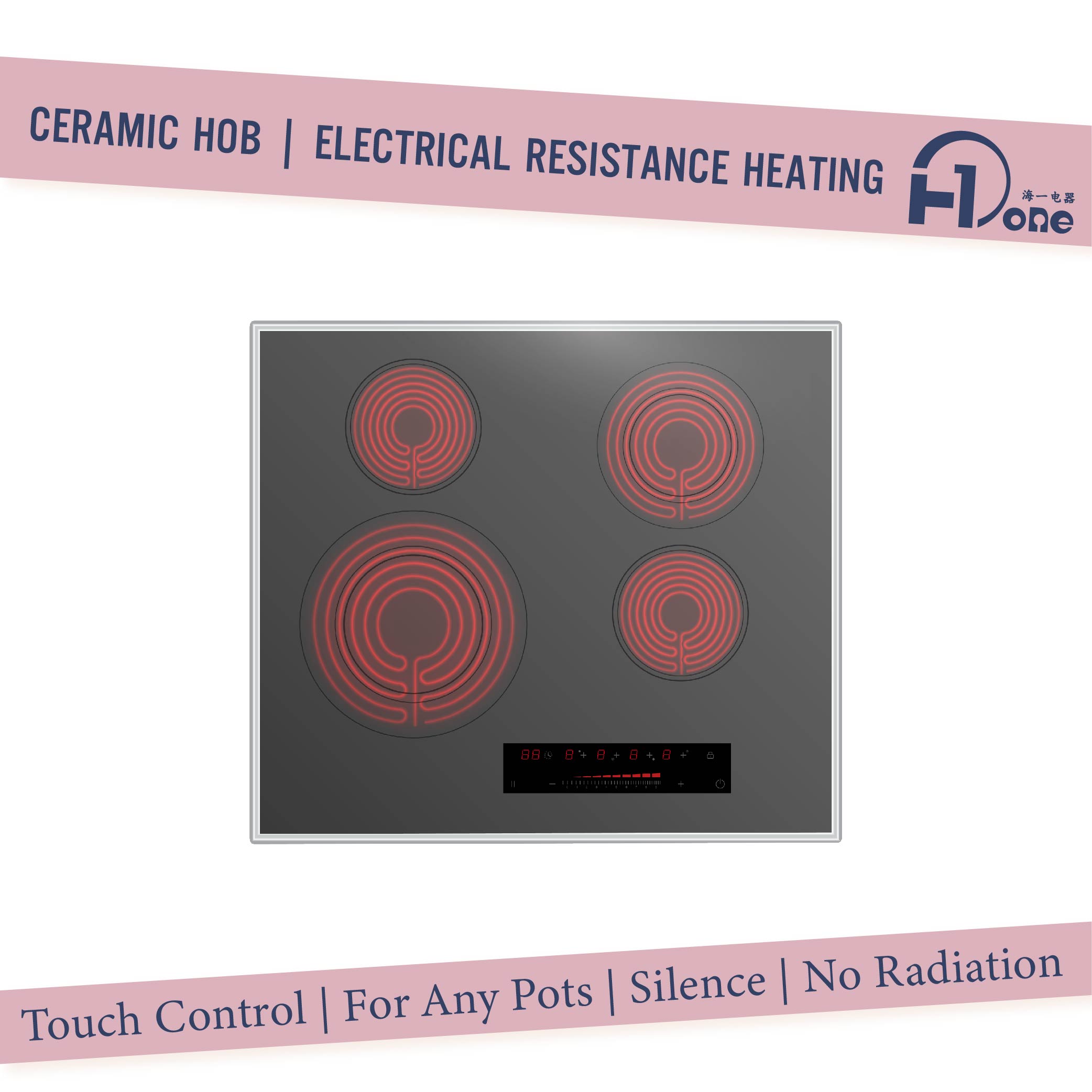 Four Burners Built in Ceramic Cooker Hob with 2 Rings Heater