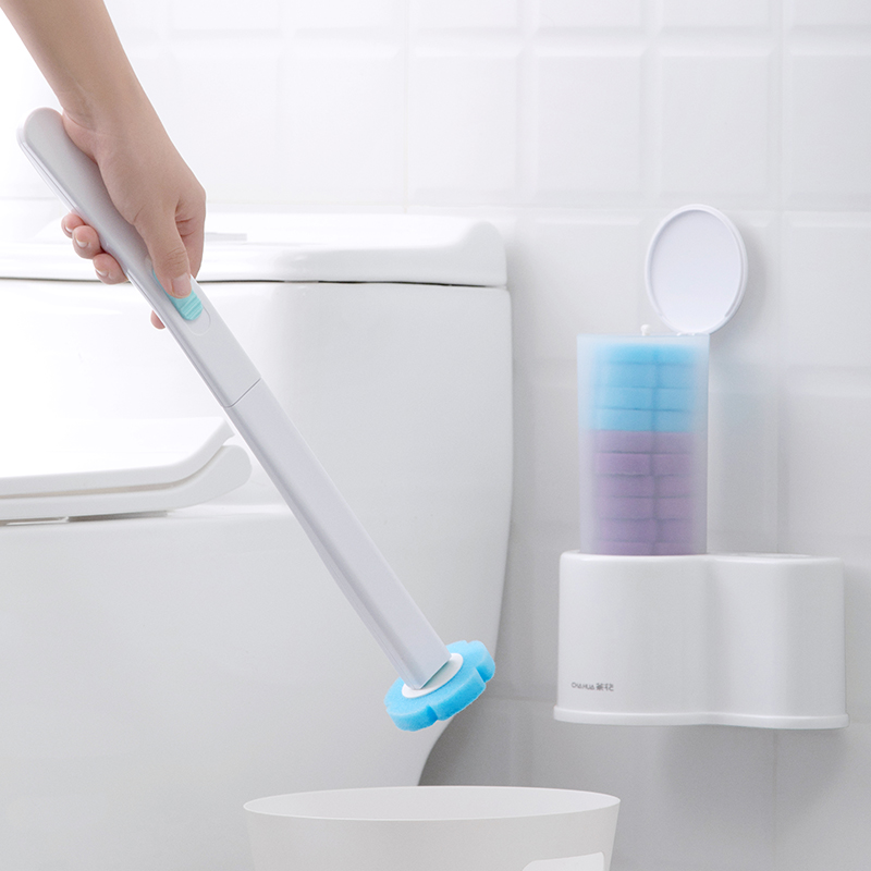Automatic and adhesive plastic toilet bowl brush with 12 detergent refill heads