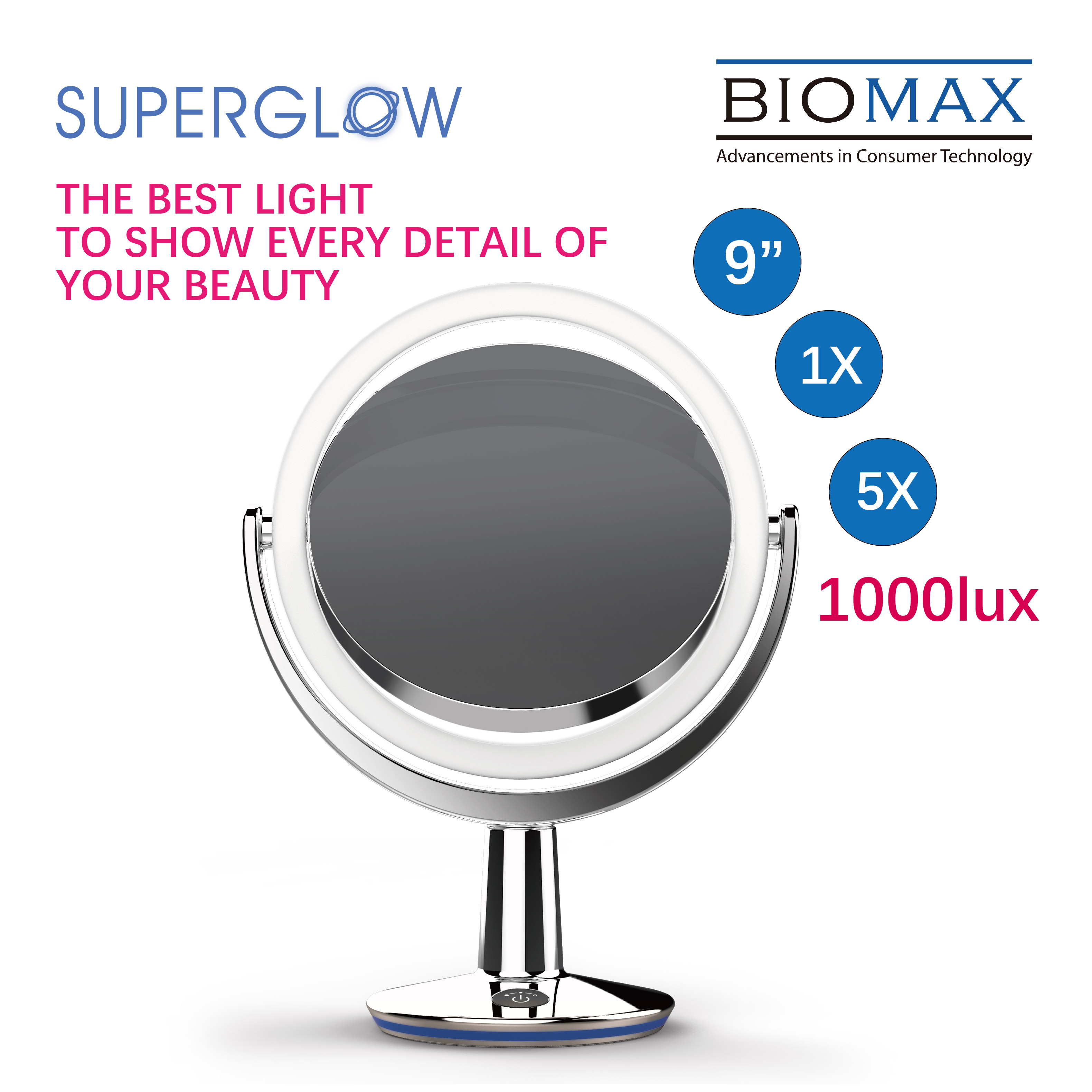 Biomax SuperGlow 9' Round Dual-sided LED Vanity Makeup Mirror