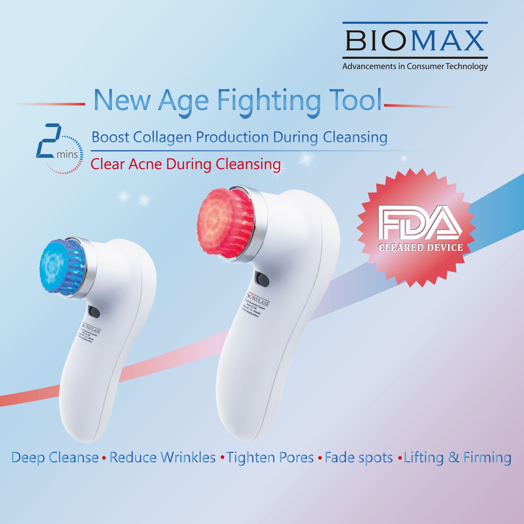 Biomax Sonulase Red Light Therapy Face Cleansing Brush