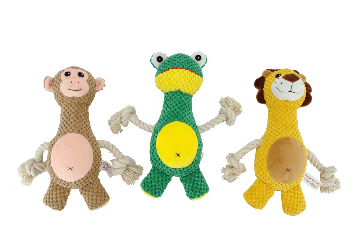 Woof Dog Plush Monkey,Frog,Lion Toy with Pull Through Rope Pet Toy