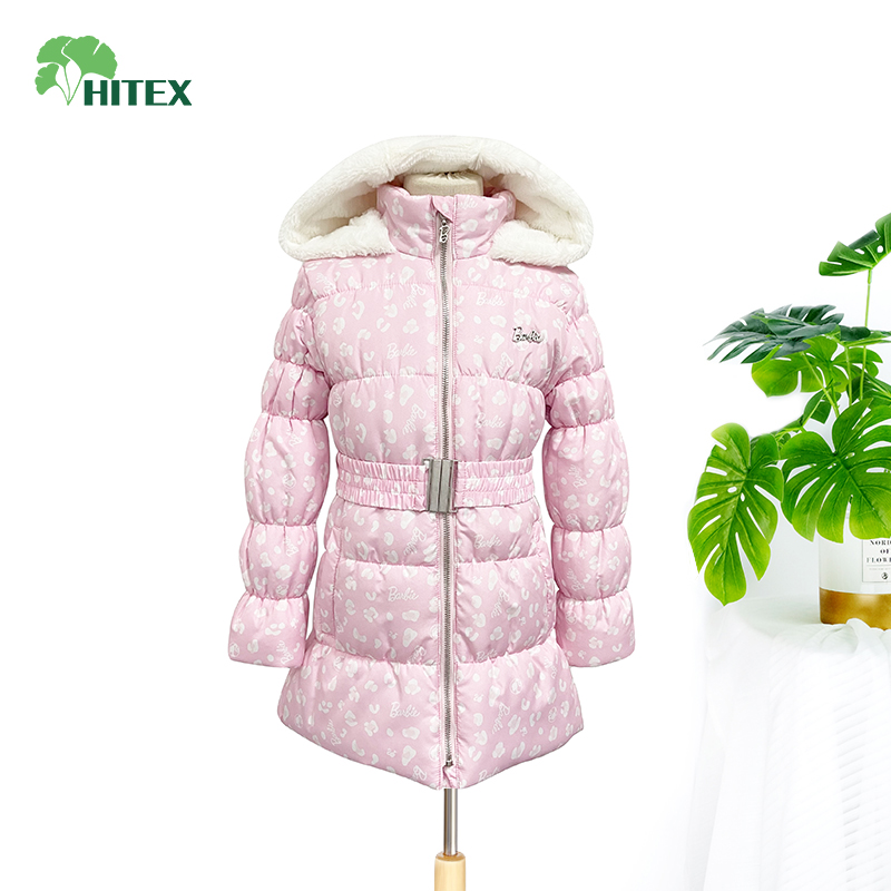 Hitex Girl's Woven Print Crinkled Puffer Padded Long Coat With Hood