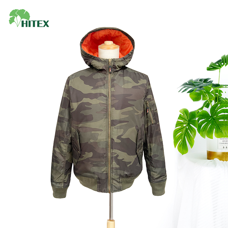 Man's camo bomber jacket with hood