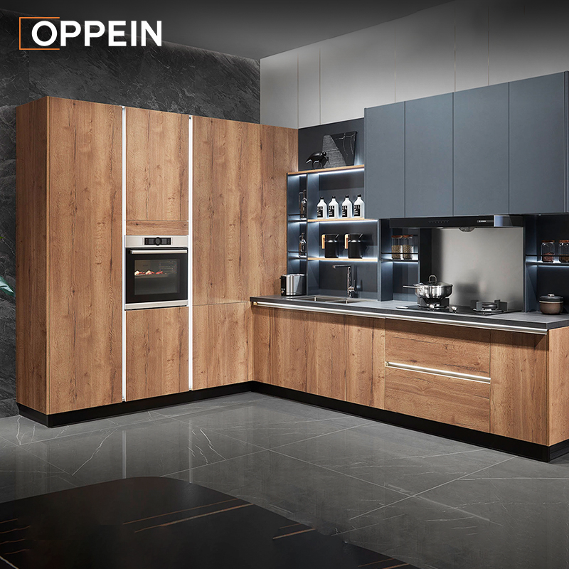 Modern L-Shaped Oak Wooden Kitchen Cabinet PLCC21413