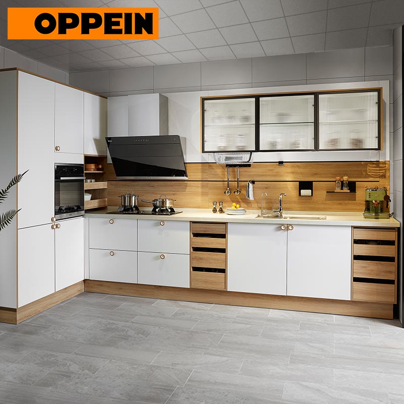 OPPEIN Modern White Melamine Kitchen Cabinet