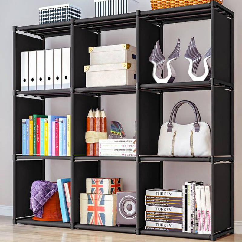 Household black living room bookshelves diy non-woven fabric storage ladder cabinet bookcase