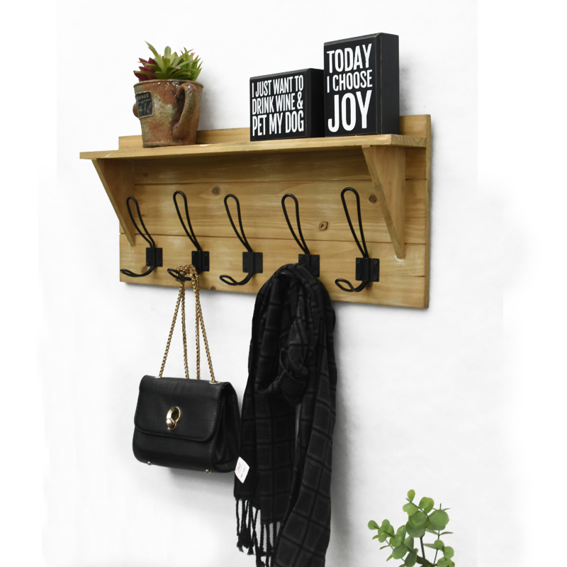 Rustic Entryway Wall Mounted Coat Rack Shelf Wooden Country Style Wall Hook Rack with 5 Hooks