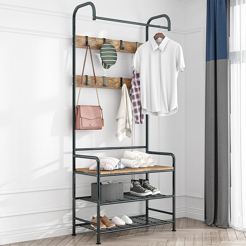 Coat rack entryway furniture industrial wooden standing hanger with wooden stool shoe rack