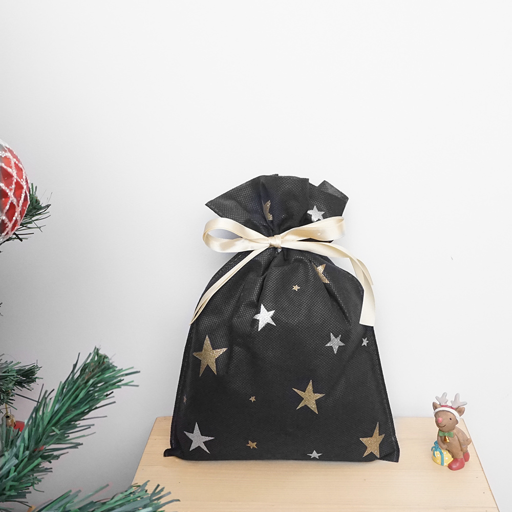 Medium Non-woven Gold Silver Star Black Christmas Gift Pacaking Bag Bag
