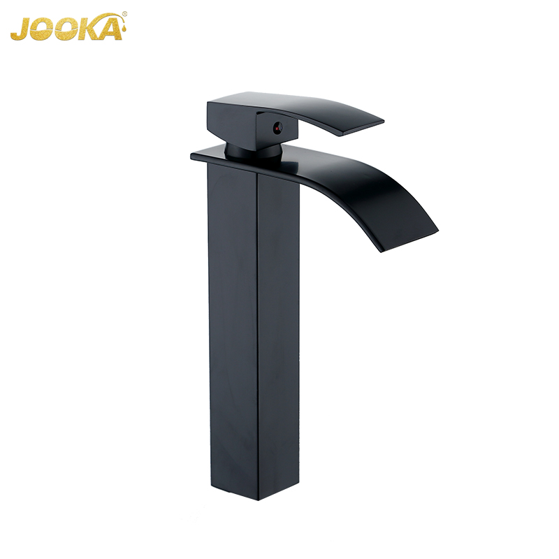 Black high flat bent mouth single hole basin faucet