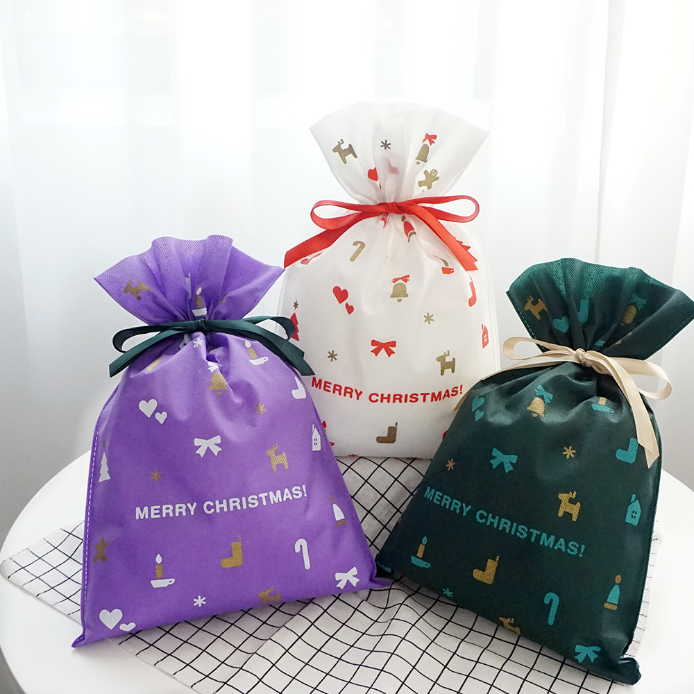 Red Text White Non-woven Christmas Drawstring Gift Packaging Bag