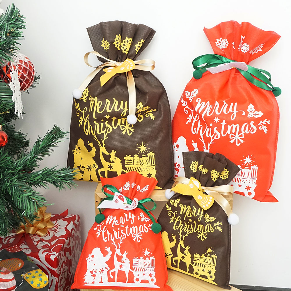 Brown Santa Claus and Deer Christmas Non-woven DrawstringGift Bags