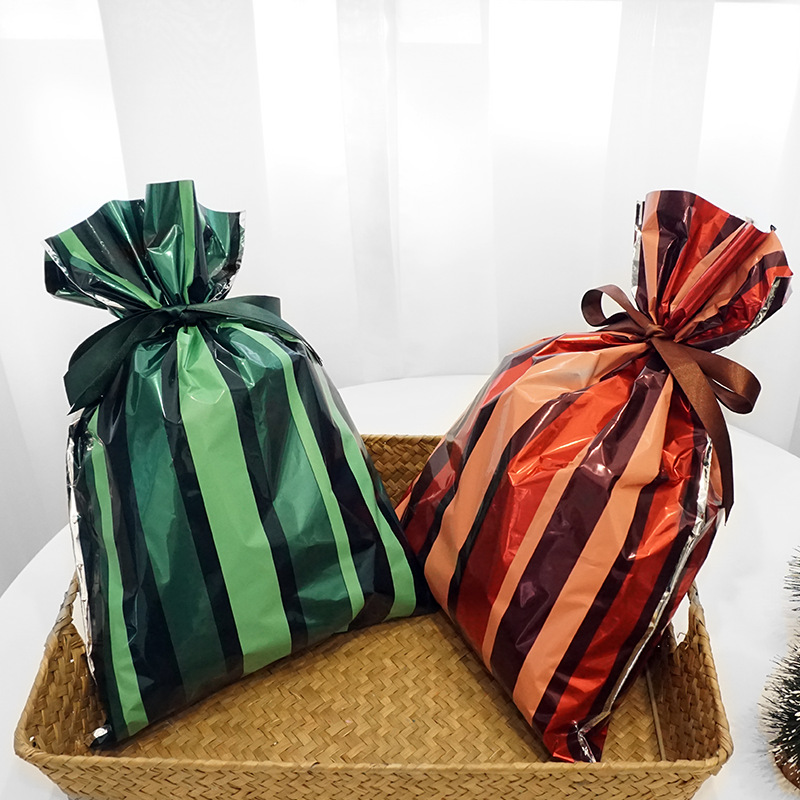 Green Red Stripe Pattern Christmas Plastic Drawstring Gift Packing Bags