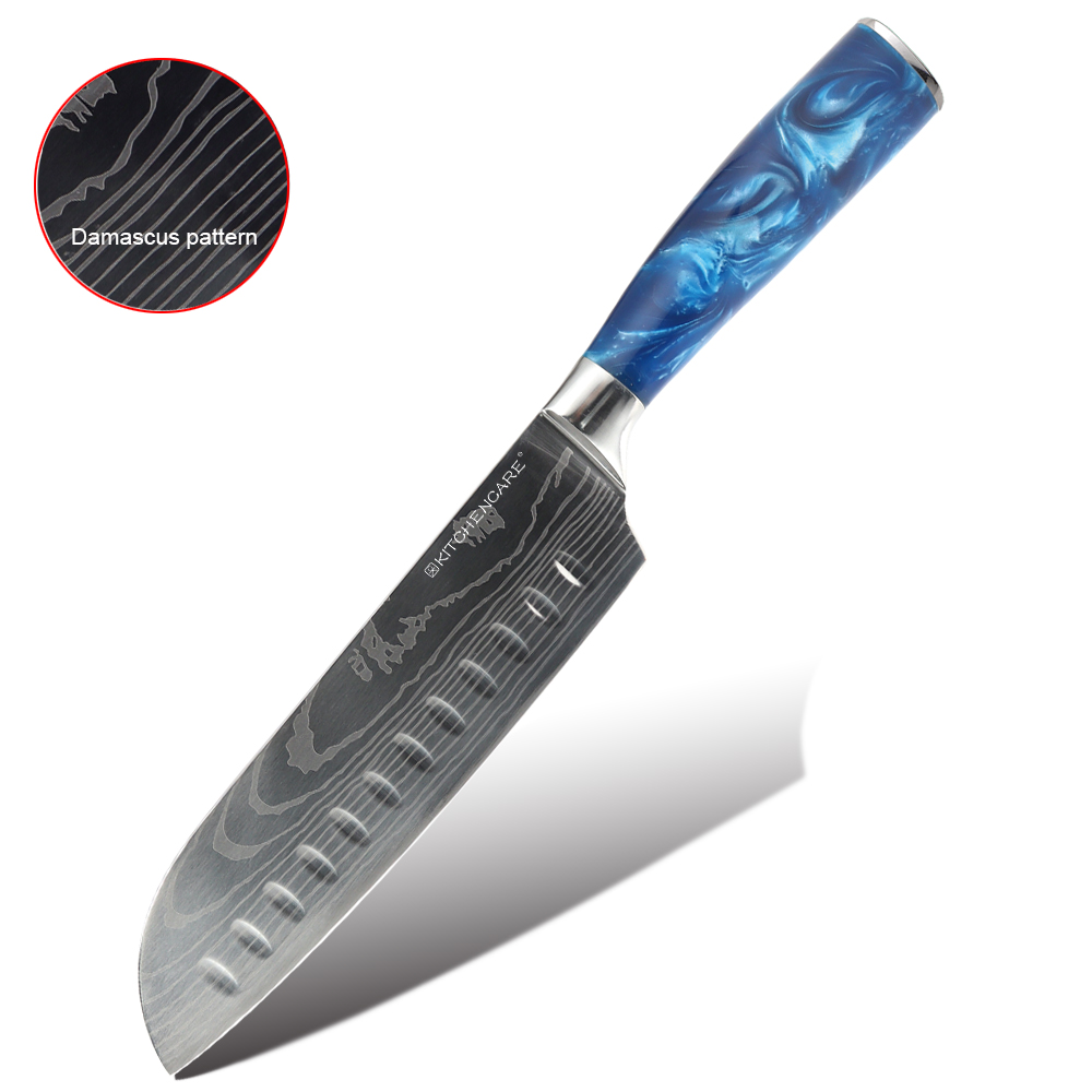 Hip-home stainless steel cooking knife blue resin handle professional kitchen 7"santoku knives
