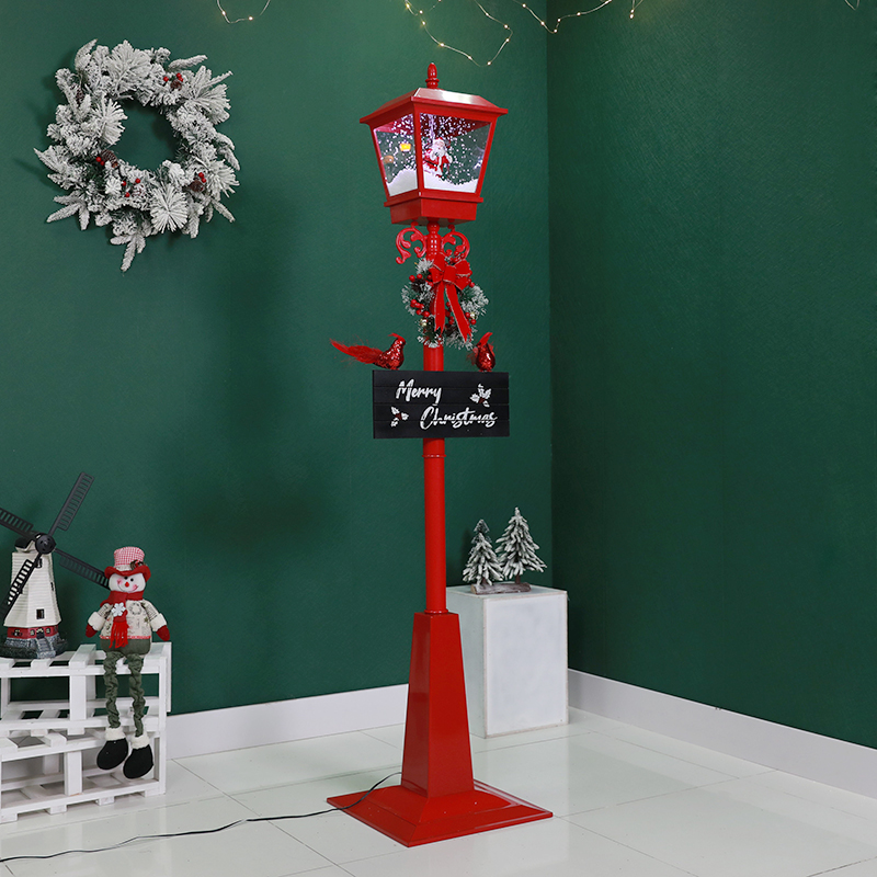 Classic red Christmas lamp post with brand