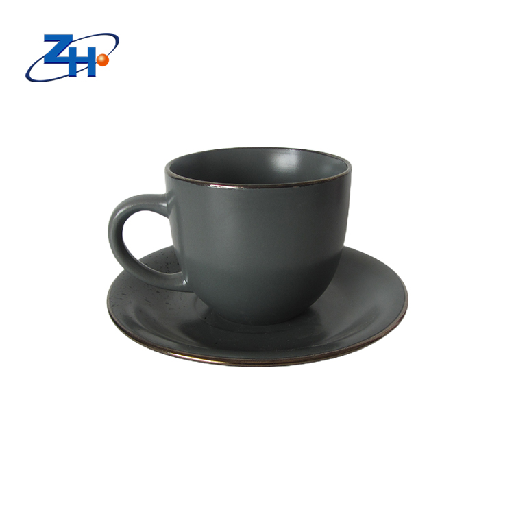 Gold rim grey matt glazed cup and saucer coffee cup